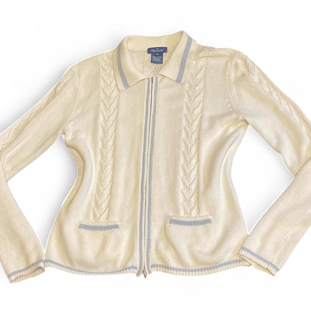 Faconnable cream and blue cable-knit double zipper cardigan
